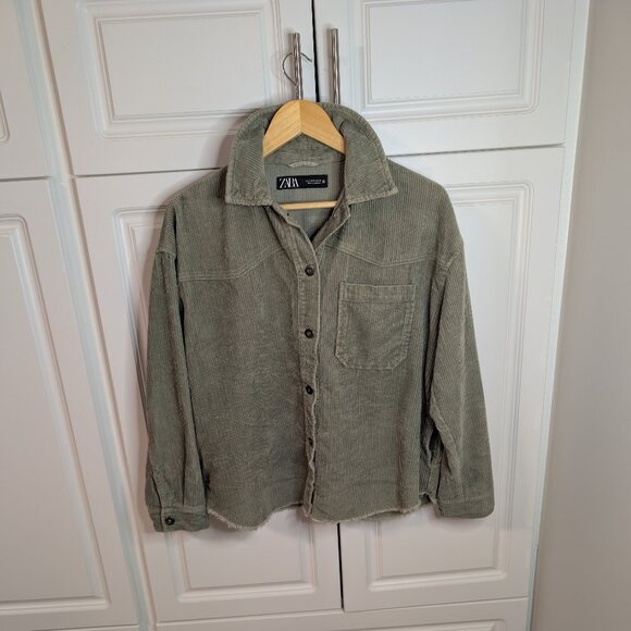 Zara Sage Corduroy Oversized Shacket - Size Small, Cotton, Raw Hem, Boho Style - Picture 1 of 10
